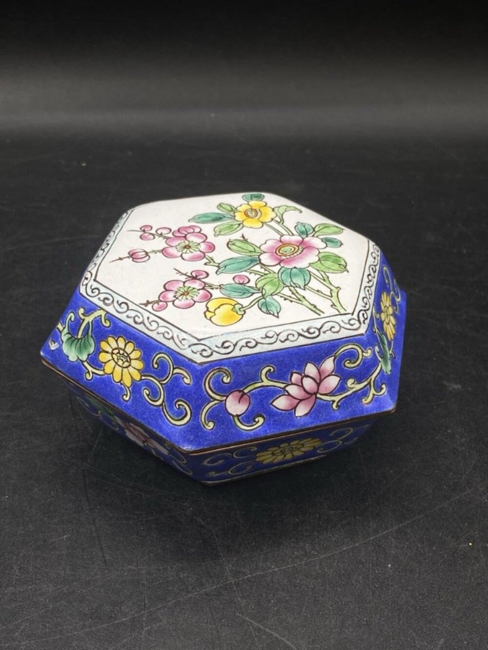 Hexagon Enamel Trinket Box Hand Painted Metal Book Designs Knobler 6 Sides READ - Picture 9 of 12